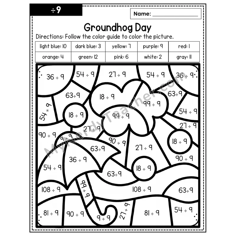 Division Color by Number — ÷9 — Groundhog Day (Page 6)
