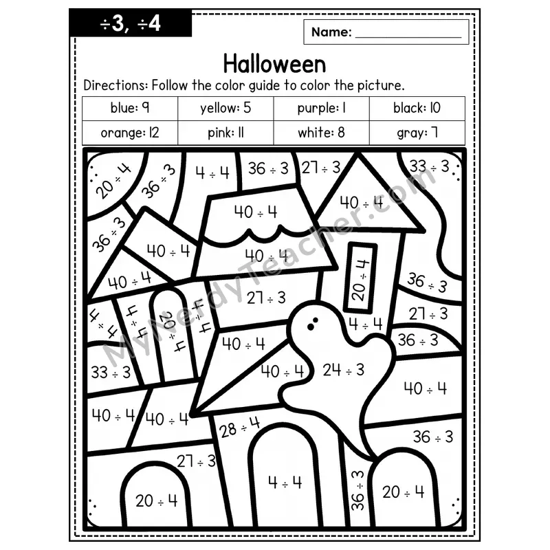 Division Color by Number — ÷3, ÷4 — Halloween (Page 2)