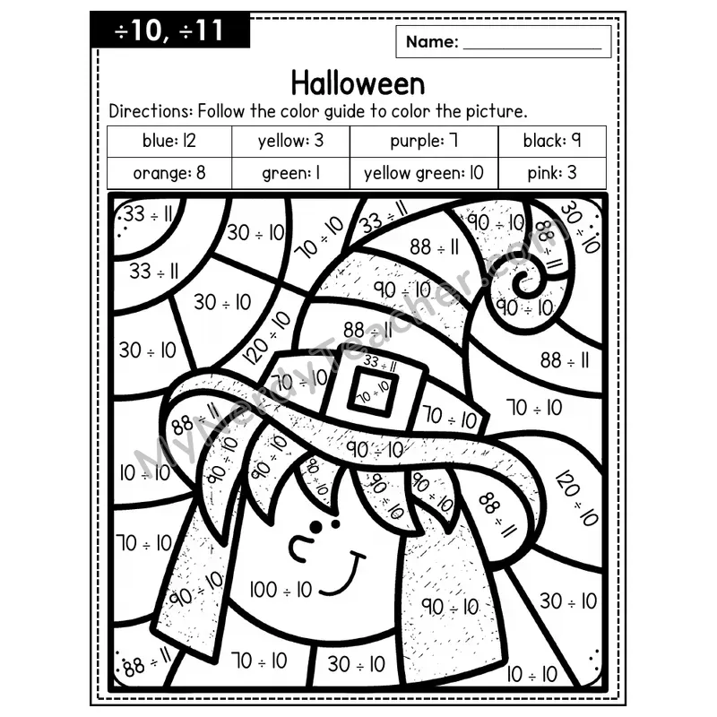 Division Color by Number — ÷10, ÷11 — Halloween (Page 7)