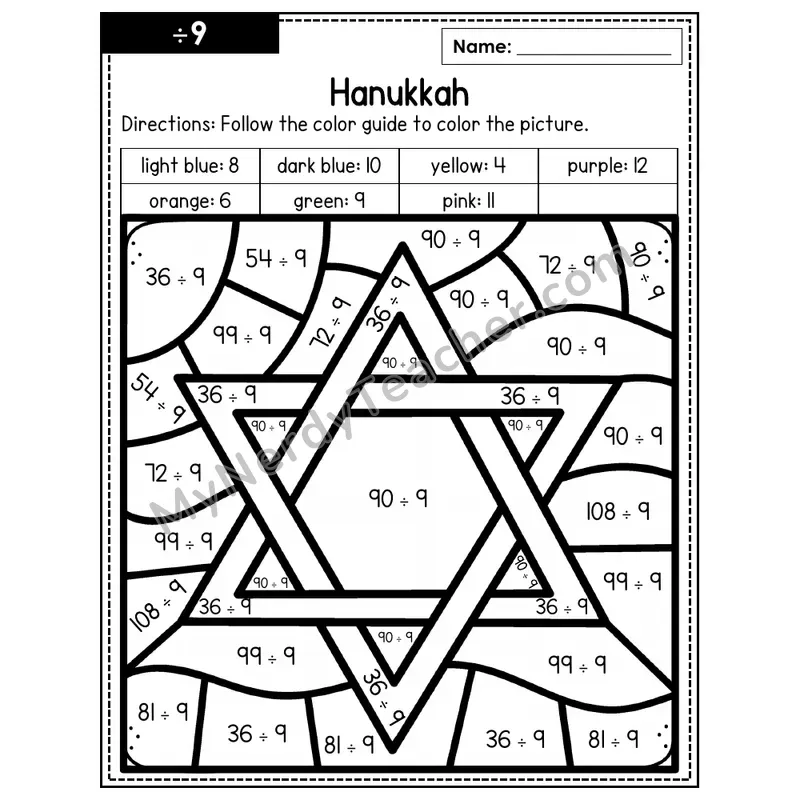 Division Color by Number — ÷9 — Hanukkah (Page 6)