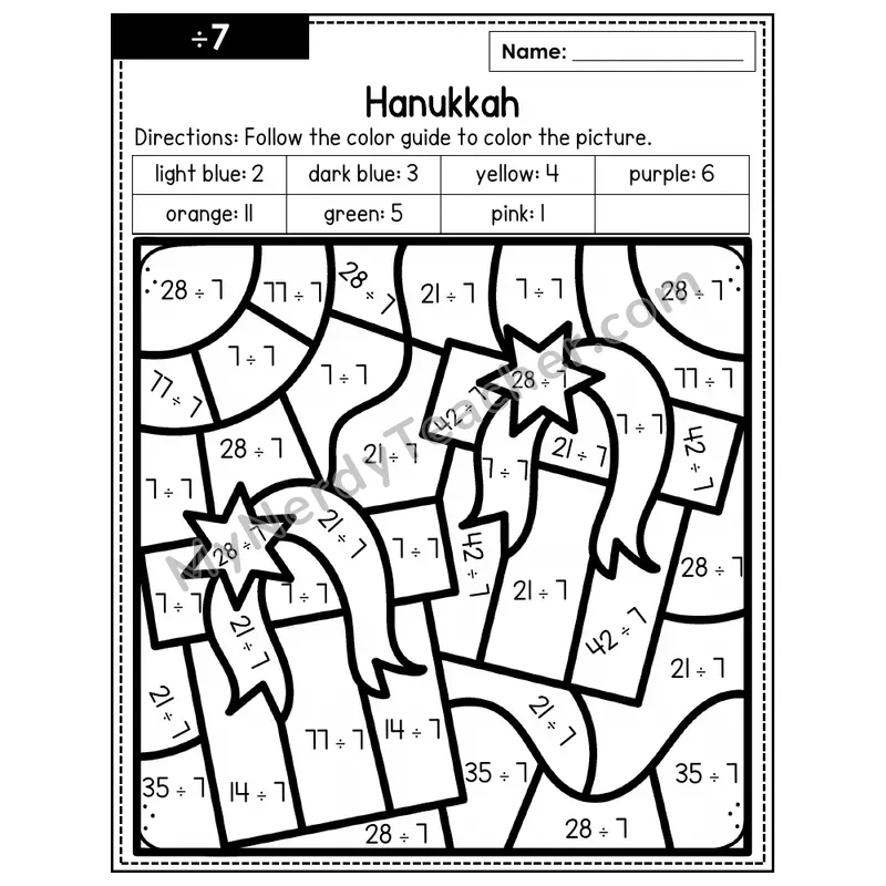 Division Color by Number — ÷7 — Hanukkah (Page 4)