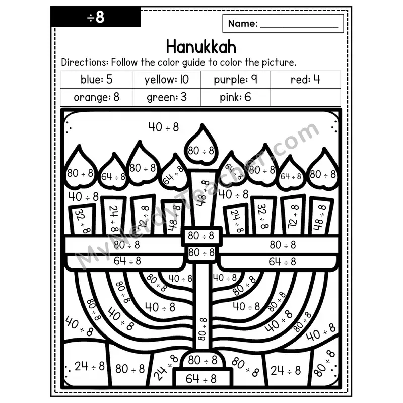 Division Color by Number — ÷8 — Hanukkah (Page 5)