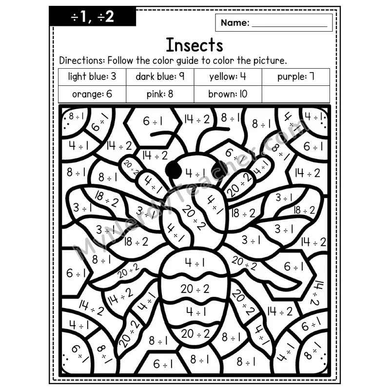 Division Color by Number — ÷1, ÷2 — Insects (Page 1)