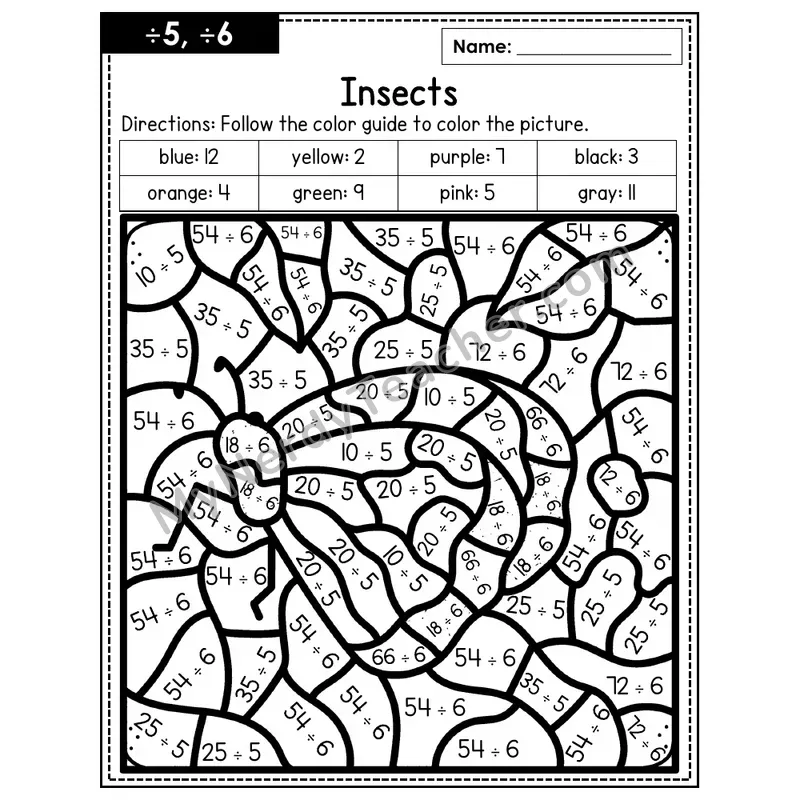 Division Color by Number — ÷5, ÷6 — Insects (Page 3)