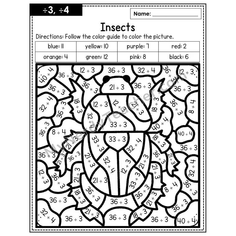 Division Color by Number — ÷3, ÷4 — Insects (Page 2)