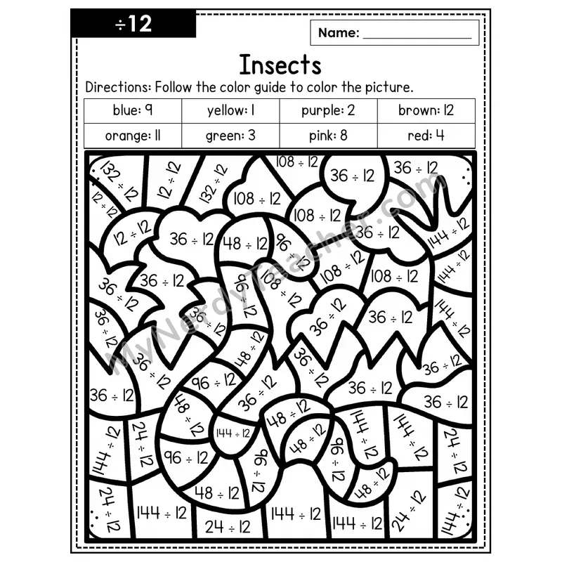 Division Color by Number — ÷12 — Insects (Page 8)
