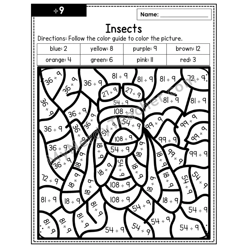 Division Color by Number — ÷9 — Insects (Page 6)