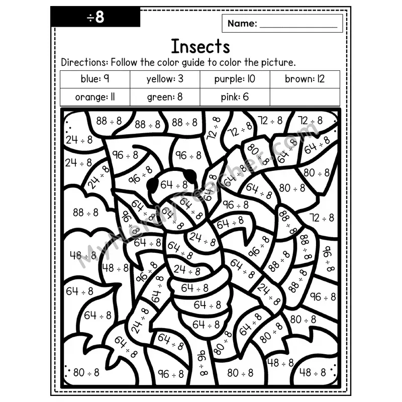 Division Color by Number — ÷8 — Insects (Page 5)