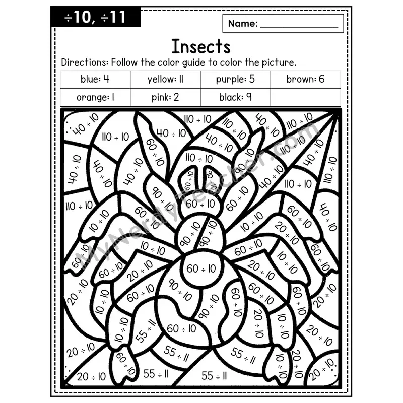 Division Color by Number — ÷10, ÷11 — Insects (Page 7)