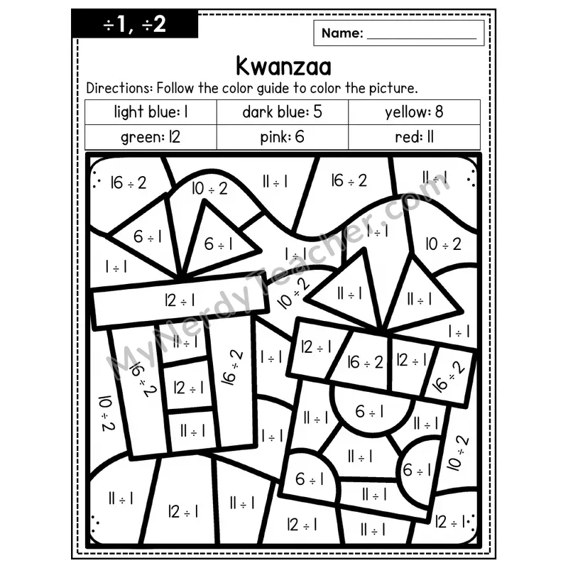 Division Color by Number — ÷1, ÷2 — Kwanzaa (Page 1)