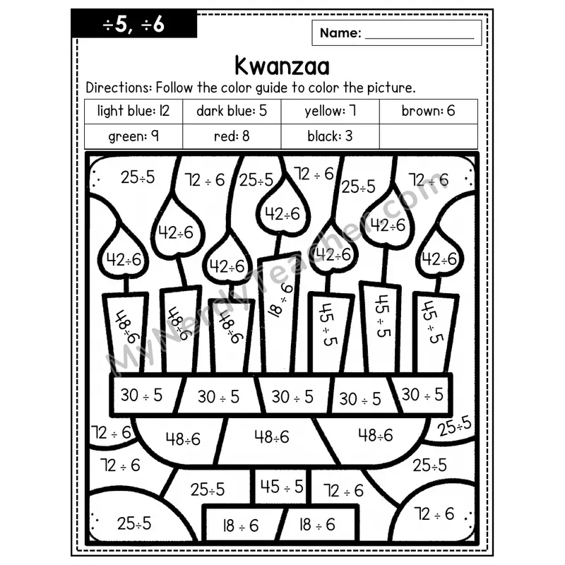 Division Color by Number — ÷5, ÷6 — Kwanzaa (Page 3)
