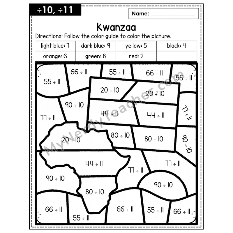 Division Color by Number — ÷10, ÷11 — Kwanzaa (Page 7)