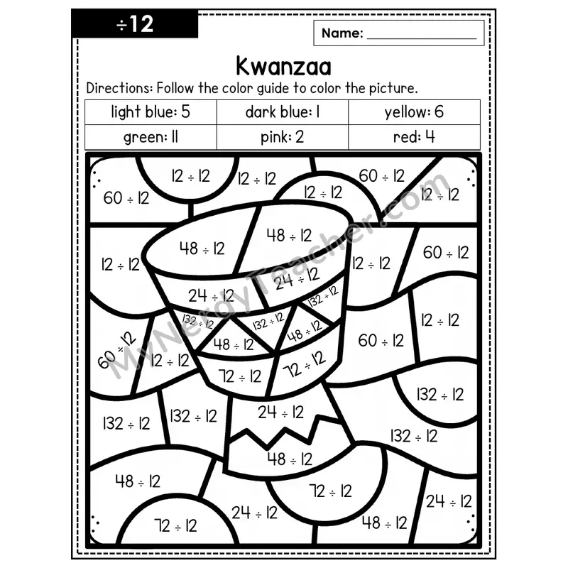 Division Color by Number — ÷12 — Kwanzaa (Page 8)