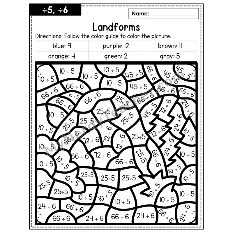 Division Color by Number — ÷5, ÷6 — Landforms (Page 3)