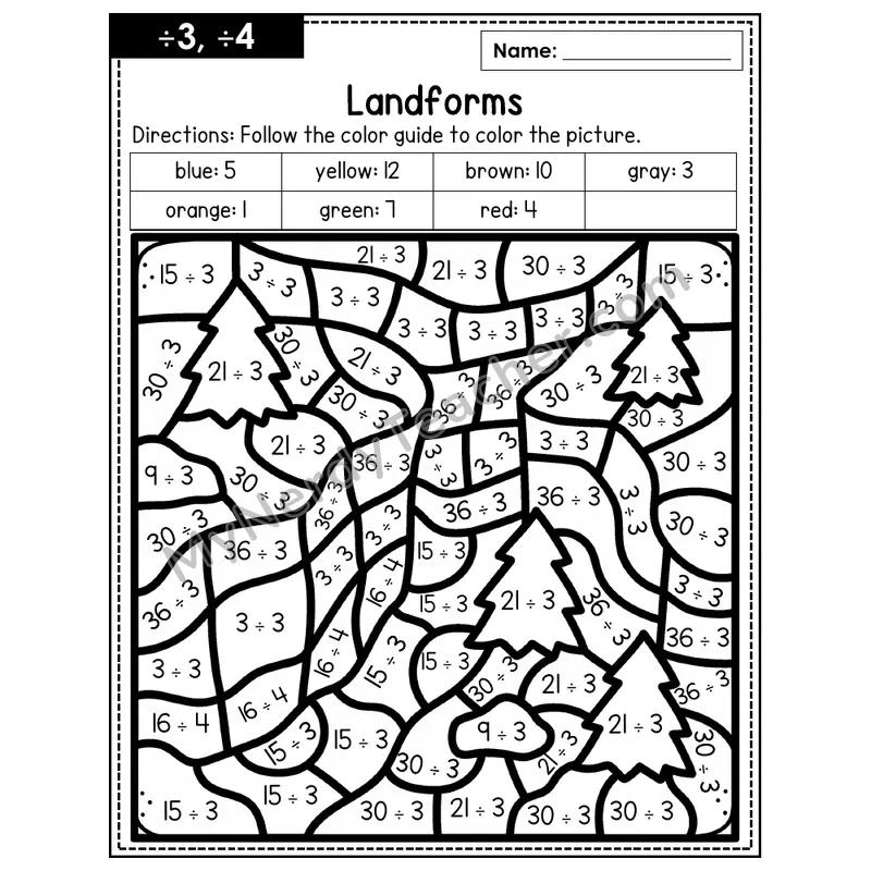 Division Color by Number — ÷3, ÷4 — Landforms (Page 2)