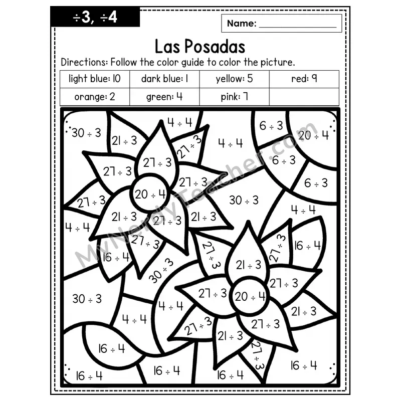 Division Color by Number — ÷3, ÷4 — Las Posadas (Page 2)