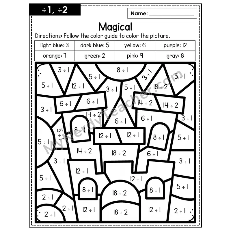 Division Color by Number — ÷1, ÷2 — Magical (Page 1)