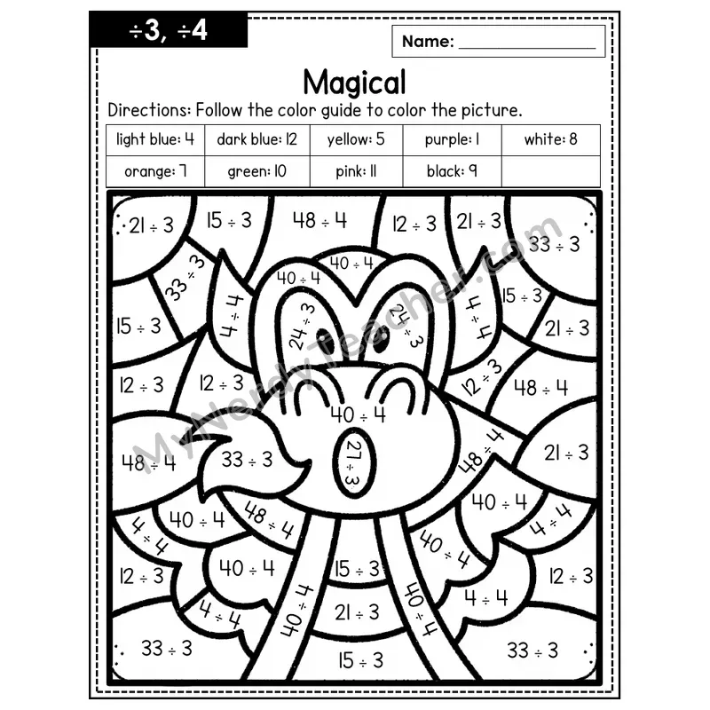 Division Color by Number — ÷3, ÷4 — Magical (Page 2)