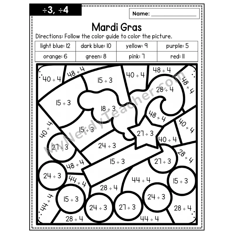 Division Color by Number — ÷3, ÷4 — Mardi Gras (Page 2)