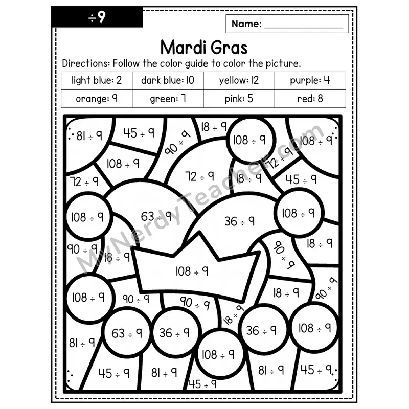 Division Color by Number — ÷9 — Mardi Gras (Page 6)