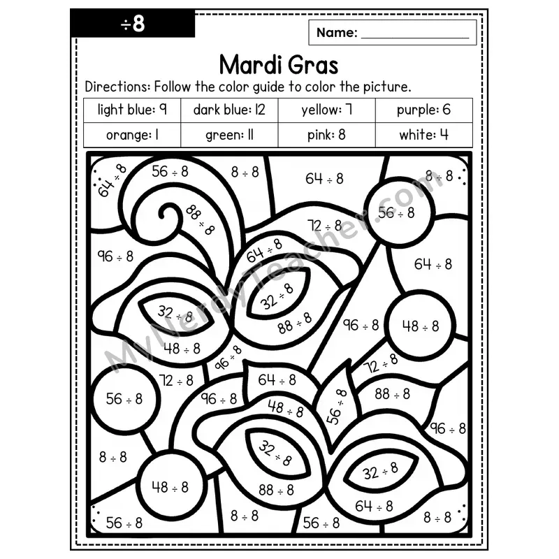 Division Color by Number — ÷8 — Mardi Gras (Page 5)