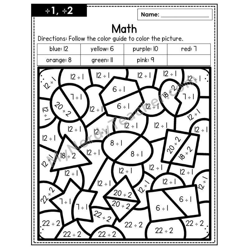 Division Color by Number — ÷1, ÷2 — Math (Page 1)