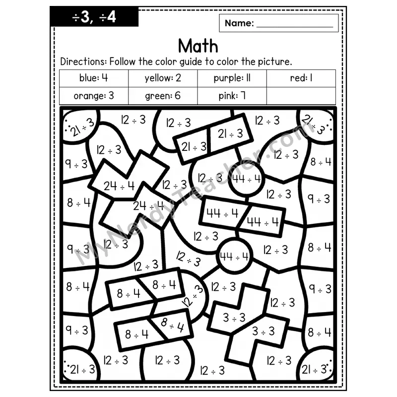 Division Color by Number — ÷3, ÷4 — Math (Page 2)
