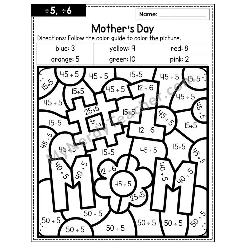 Division Color by Number — ÷5, ÷6 — Mother's Day (Page 3)