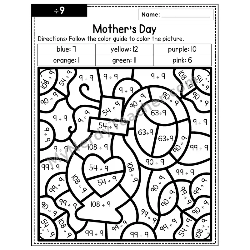 Division Color by Number — ÷9 — Mother's Day (Page 6)