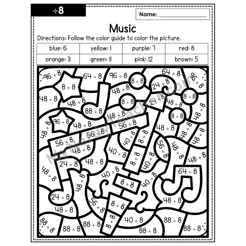 Division Color by Number — ÷8 — Music (Page 5)