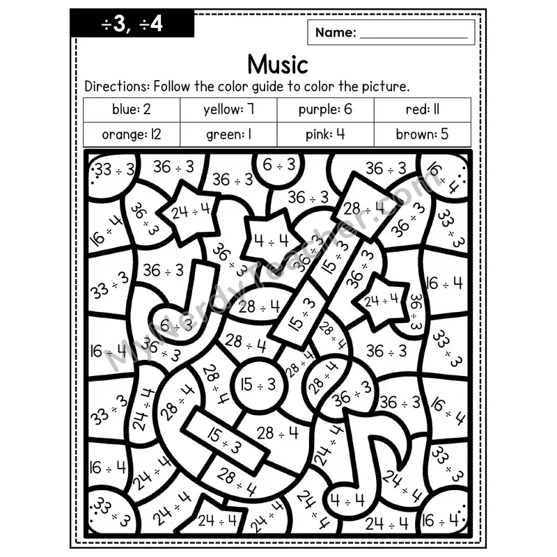 Division Color by Number — ÷3, ÷4 — Music (Page 2)