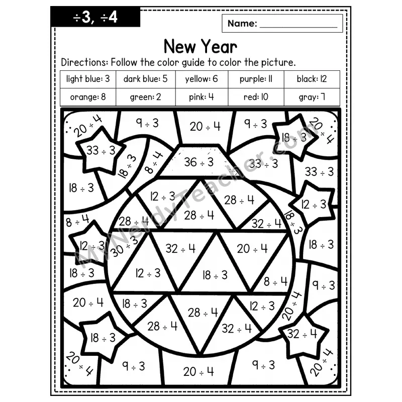 Division Color by Number — ÷3, ÷4 — New Years (Page 2)