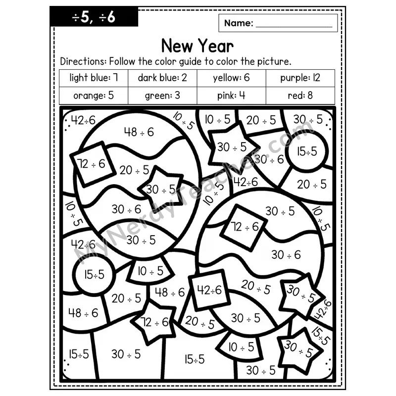 Division Color by Number — ÷5, ÷6 — New Years (Page 3)