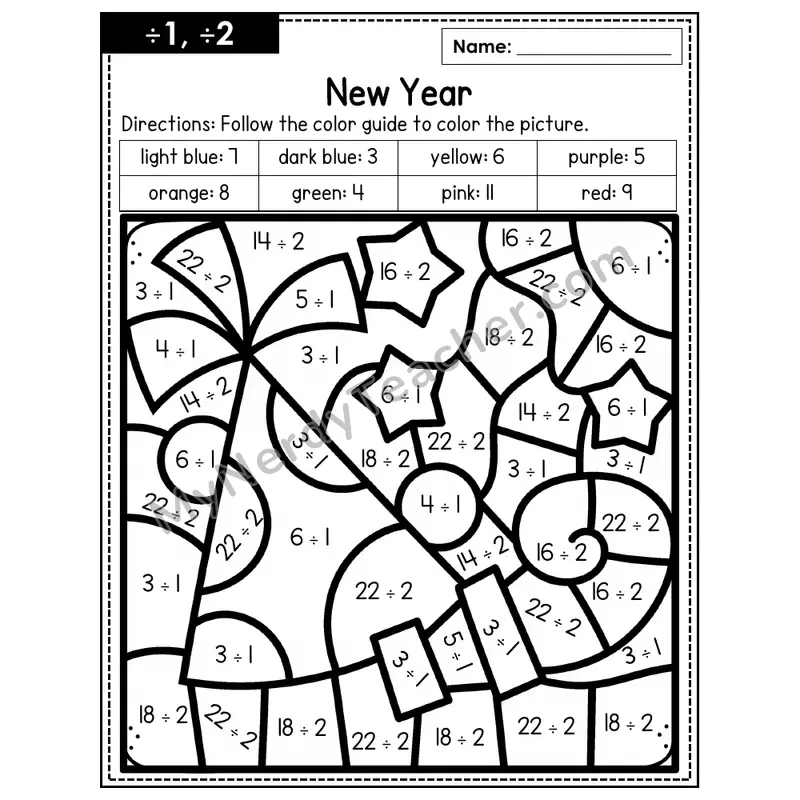 Division Color by Number — ÷1, ÷2 — New Years (Page 9)