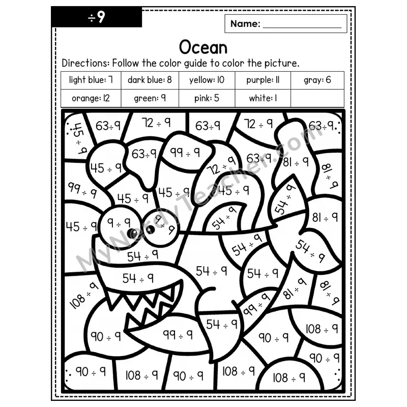 Division Color by Number — ÷9 — Ocean (Page 6)