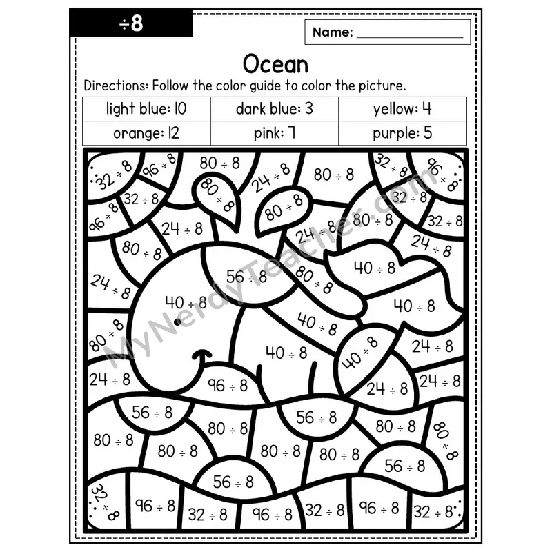 Division Color by Number — ÷8 — Ocean (Page 5)