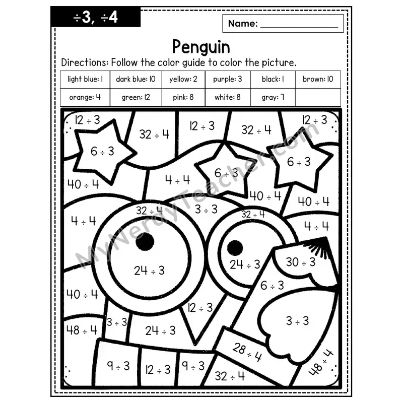 Division Color by Number — ÷3, ÷4 — Penguin (Page 2)