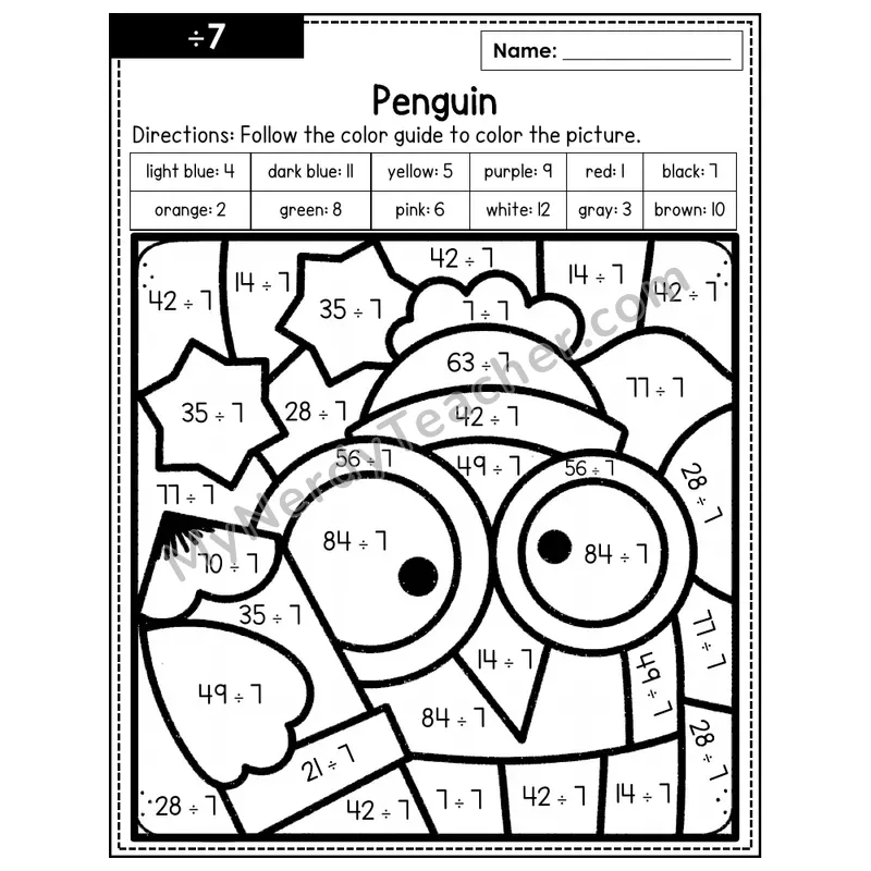 Division Color by Number — ÷7 — Penguin (Page 4)