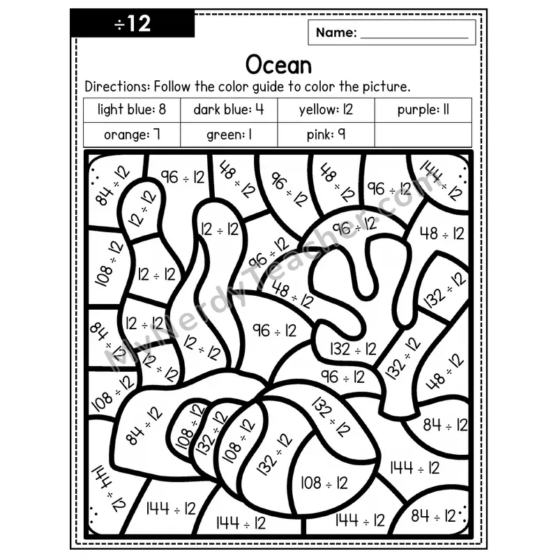 Division Color by Number — ÷12 — Ocean (Page 8)
