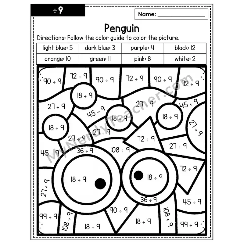 Division Color by Number — ÷9 — Penguin (Page 6)