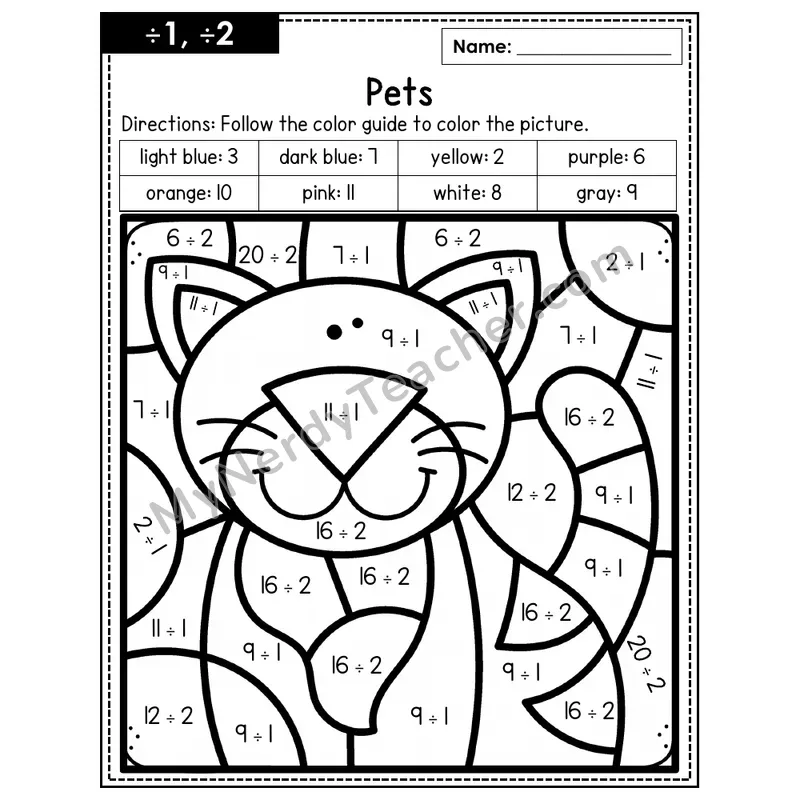Division Color by Number — ÷1, ÷2 — Pets (Page 1)