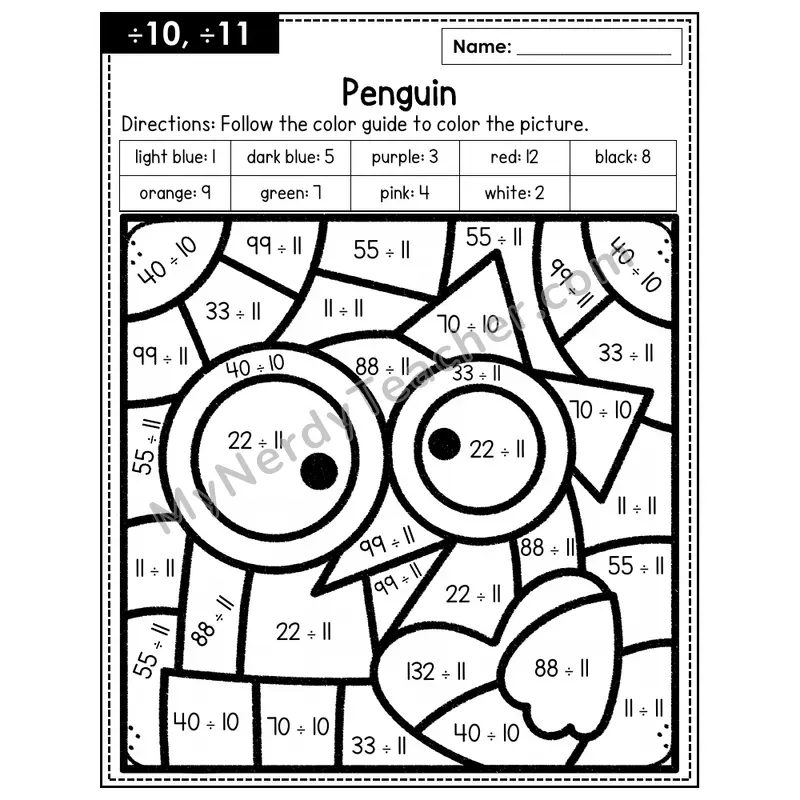Division Color by Number — ÷10, ÷11 — Penguin (Page 7)