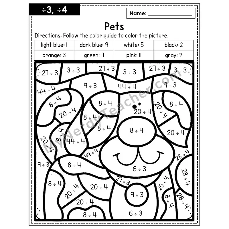 Division Color by Number — ÷3, ÷4 — Pets (Page 2)