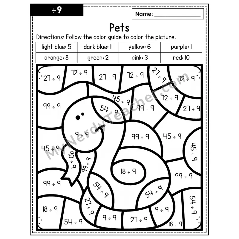 Division Color by Number — ÷9 — Pets (Page 6)