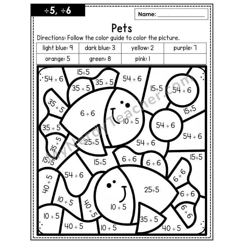 Division Color by Number — ÷5, ÷6 — Pets (Page 3)