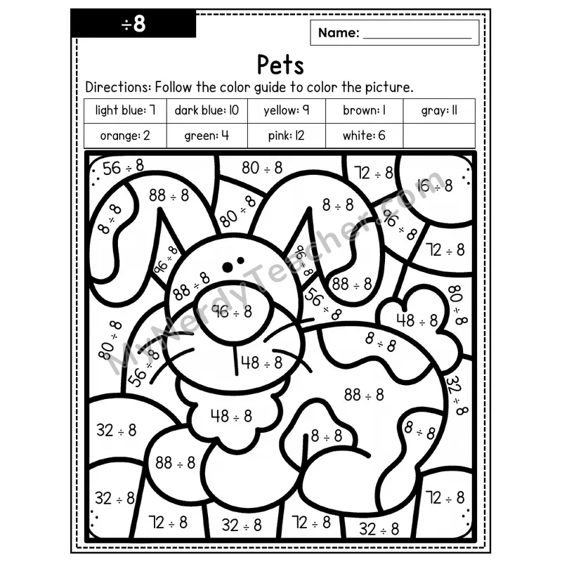 Division Color by Number — ÷8 — Pets (Page 5)