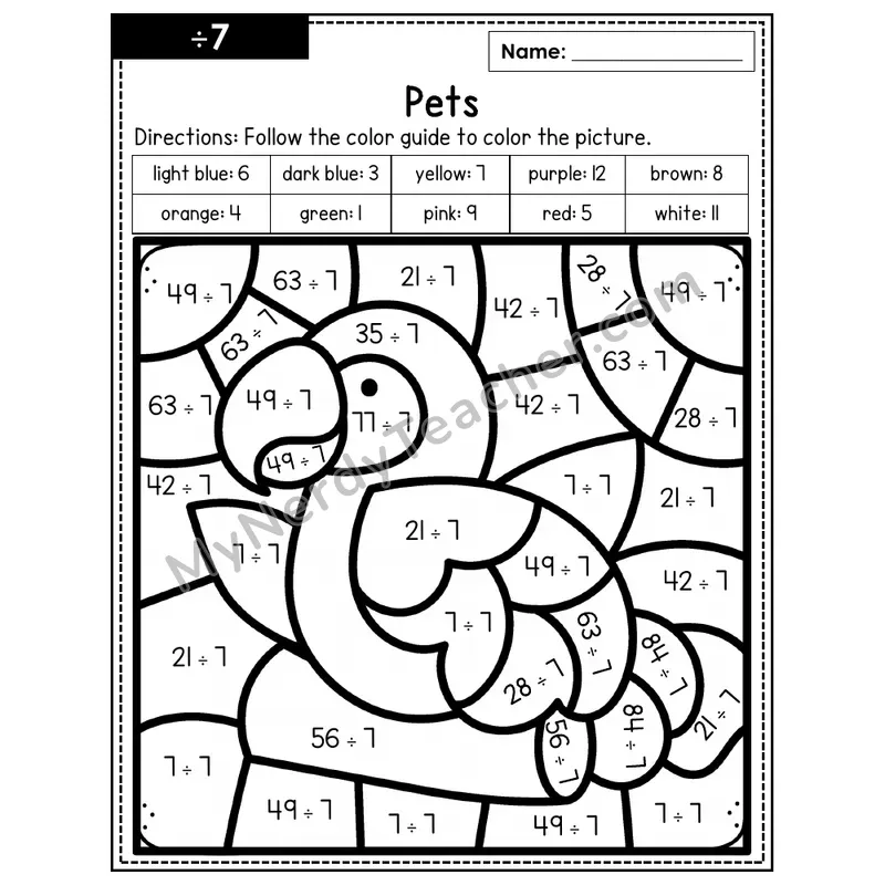 Division Color by Number — ÷7 — Pets (Page 4)