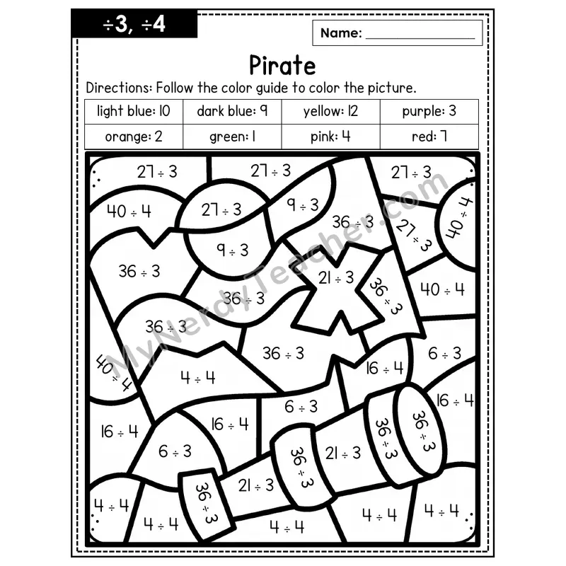 Division Color by Number — ÷3, ÷4 — Pirate (Page 2)
