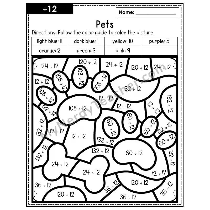 Division Color by Number — ÷12 — Pets (Page 8)