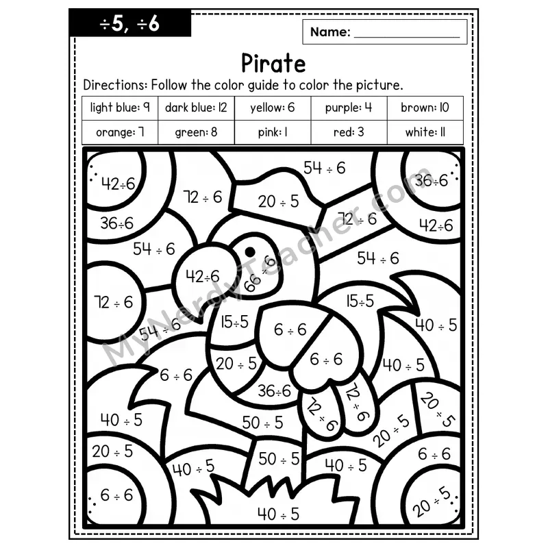 Division Color by Number — ÷5, ÷6 — Pirate (Page 3)
